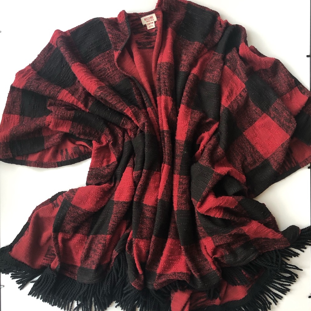 Red checkered poncho with fringe